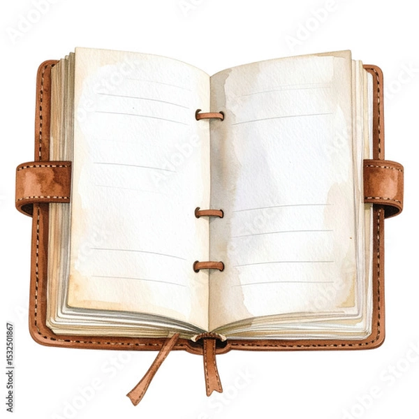 Fototapeta An open, rustic leather bound notebook features blank lined pages, perfect for jotting down notes, journaling, or planning. The watercolor style adds a charming, artistic touch.