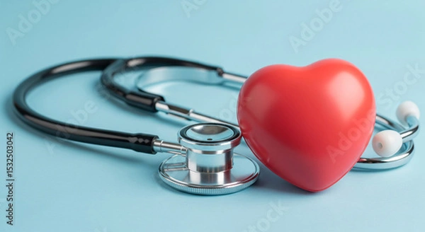 Fototapeta Stethoscope and red heart on light-blue background, symbolizing healthcare, cardiology, and heart health awareness.  Valentines Day concept