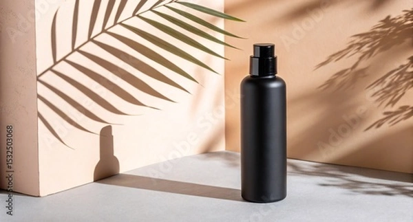 Fototapeta Matte Black Cosmetic Pump Bottle on Beige Background Minimalist Beauty Product Packaging with Palm Leaf Shadows for Skincare Branding
