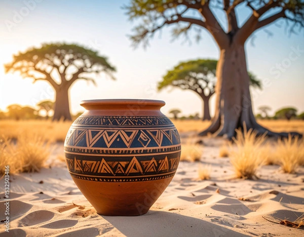 Fototapeta Traditional clay pot with Tswana geometric patterns placed on sandy ground with baobab trees behind.