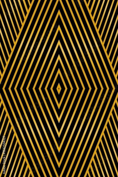 Fototapeta Pattern of golden lines, squares, stripes on black background. Abstract background with gold stripes line texture. Luxury background. Beautiful design for wallpaper, decor, cover, card, etc.