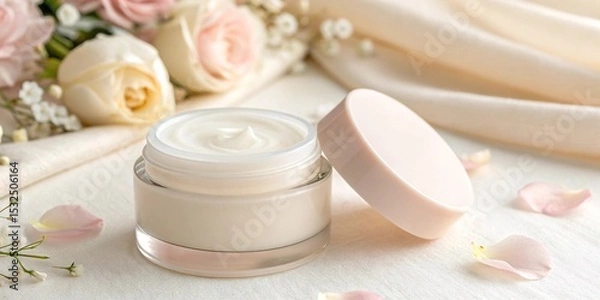 Fototapeta Elegant Cream Jar Mockup with Pink Roses Romantic Skincare Packaging Scene Featuring Petals, Satin, and Soft Natural Light