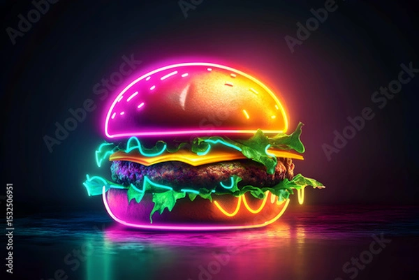 Obraz Neon glowing burger with cheeseburger, lettuce, and bun on dark background