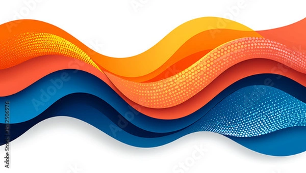Fototapeta Blue and Orange Gradient Wavy Abstract Background with Curved and Dotted Lines on White

