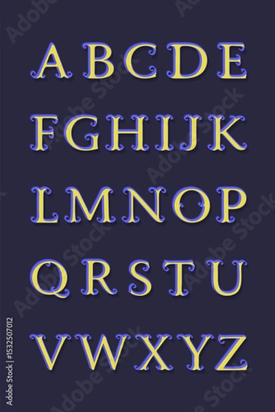 Fototapeta Elegant 3D alphabet with curled serifs in yellow and purple. Ideal for invitations, branding, packaging, and classic decor.