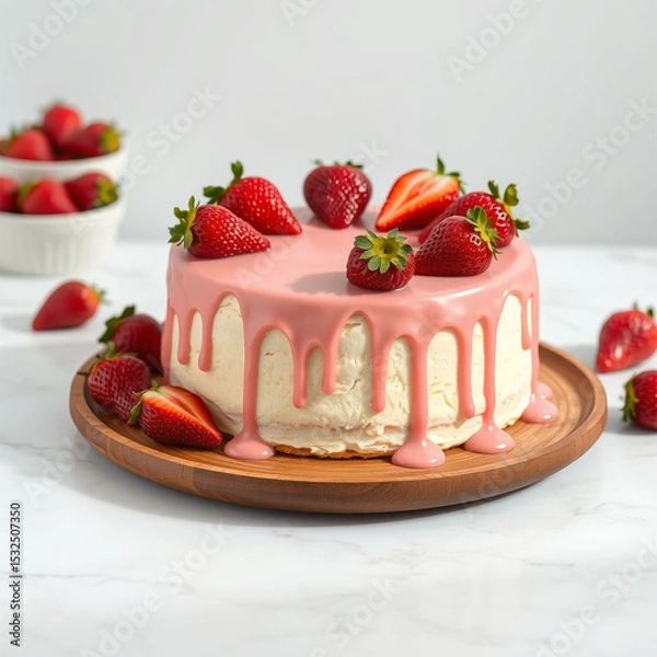 Obraz Strawberry Drip Cake on White Marble Surface