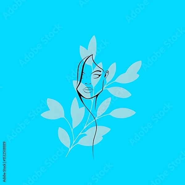 Fototapeta Abstract line drawing of a woman's face with leafy elements on turquoise background