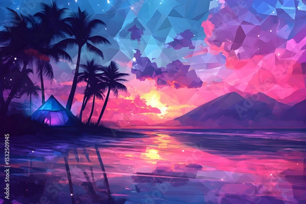 Obraz Tropical sunset on a geometric shore with palm trees and vibrant sky reflections