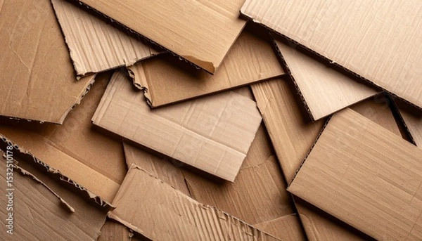 Fototapeta Various pieces of corrugated cardboard are scattered randomly, creating a textured and abstract composition, showcasing shades of brown and beige in a close-up shot.