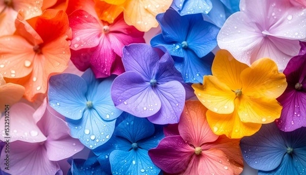 Fototapeta Vibrant hydrangeas in a rainbow of colors are beautifully arranged, showcasing their delicate petals and refreshing water droplets in a visually stunning display.