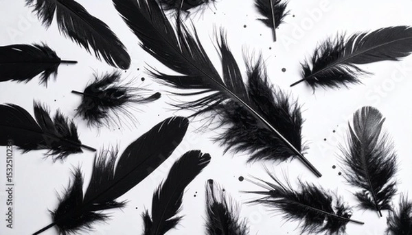 Fototapeta Elegant dark feathers are scattered across a clean, bright white surface creating a captivating contrast and airy visual display, perfect for design elements.