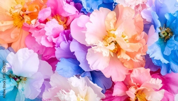 Fototapeta A vibrant close up of colorful peony blooms reveals a stunning array of orange, pink, purple, and blue petals, creating a bright and captivating floral display.