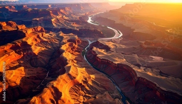 Fototapeta An aerial view captures the majesty of the Grand Canyon as the Colorado River winds its way through the vast canyon du the warm glow of a sunset, creating a breathtaking vista.