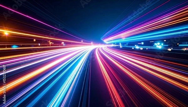 Fototapeta Colorful light streaks stream powerfully forward at high speed across a dark blue background creating a dynamic and vibrant abstract motion blur effect.