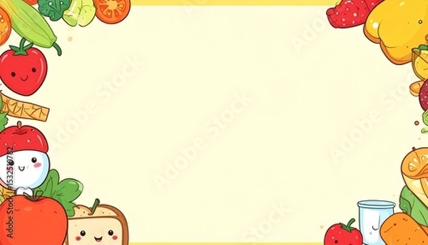 Fototapeta Adorable cartoon food characters happily border a pale yellow frame featu fresh fruits and vegetables, creating a cheerful and inviting design for any project.