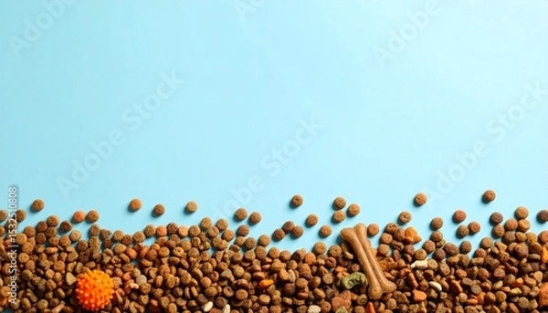 Fototapeta Brown dry dog food kibble scattered across the bottom of a light blue background with a bone shaped treat and orange toy for a happy and healthy pet's meal.