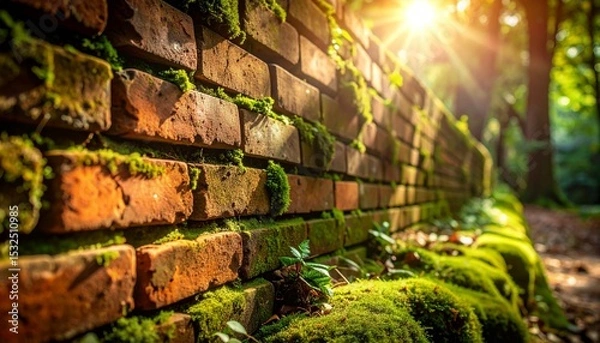 Fototapeta Sunlight streams over a weathered brick wall, adorned with vibrant green moss and small plants, creating a natural textured landscape in a serene forest setting.