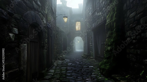 Obraz Mysterious foggy alley with stone walls and arched doorways at night