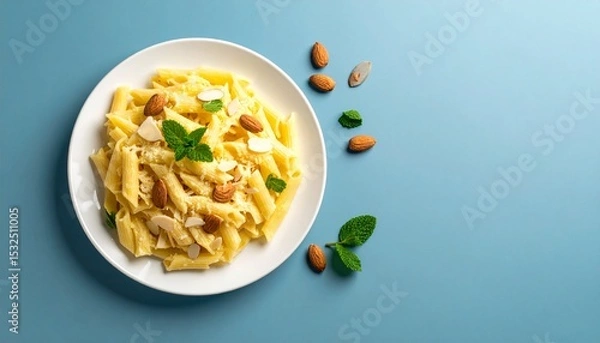 Fototapeta A delicious plate of pasta with creamy sauce, almonds, and fresh mint garnish sits invitingly on a vibrant blue background, a culinary delight to behold.