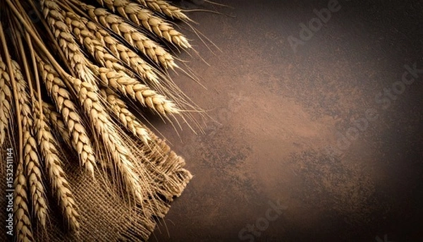 Fototapeta Golden wheat stalks are neatly arranged on a rustic burlap sack against a textured brown background, creating a warm and inviting autumnal composition.