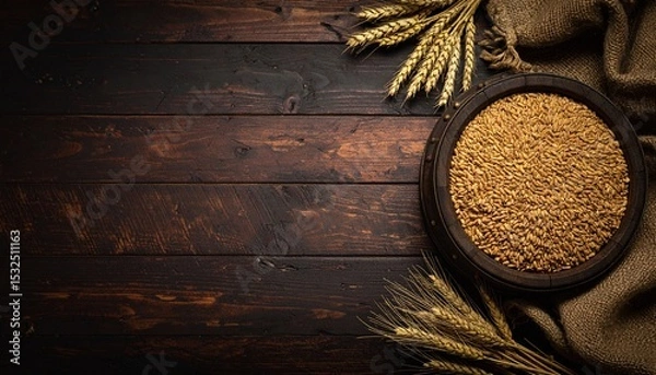 Fototapeta Golden wheat grains fill a rustic wooden bowl placed on a burlap sack against a dark wooden surface, framed by wheat stalks in a warm, inviting scene.