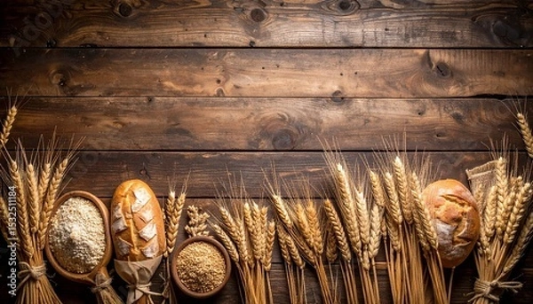 Fototapeta Rustic bakery still life features wheat stalks, flour, grain, and freshly baked loafs of bread arranged artistically on a weathered, dark wooden surface.