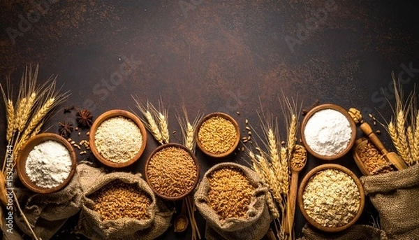 Fototapeta An overhead view shows diverse grains and flours artistically arranged with wheat stalks and rustic wooden bowls on a textured dark brown surface above burlap sacks.