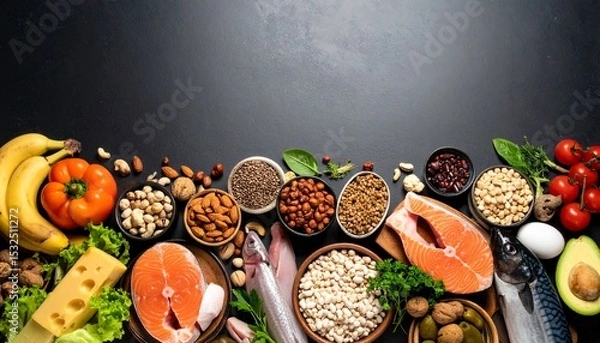 Fototapeta A vibrant arrangement of fresh salmon, fish, nuts, beans, fruits, vegetables, and cheese are displayed on a dark surface promoting healthy eating and lifestyle.