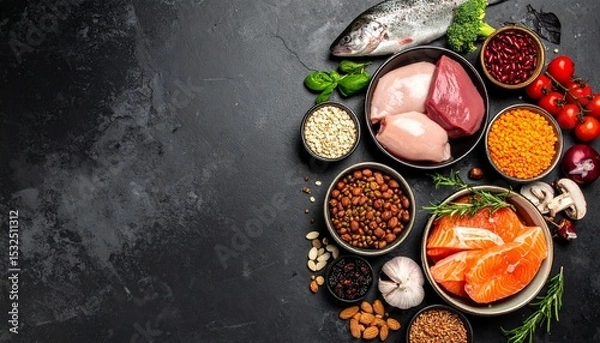 Fototapeta A top-down view displays an assortment of nutritious foods, including salmon, chicken, beans, and vegetables, all arranged on a textured dark background.
