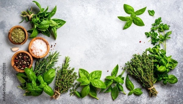 Fototapeta An assortment of fresh culinary herbs are arranged beautifully on a textured gray surface creating a visually appealing frame for food photography or design work.