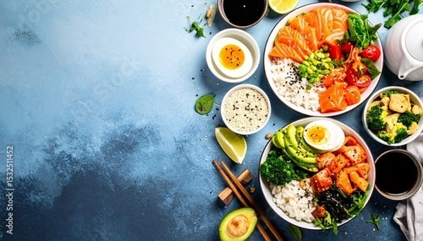 Fototapeta Two vibrant poke bowls with fresh salmon, avocado, rice, and vegetables are arranged on a textured blue surface with scattered ingredients for healthy eating.