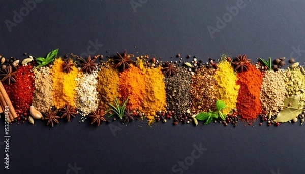 Fototapeta An artistic arrangement showcases various colorful spices and herbs in a row against a dark background, creating a vibrant and flavorful culinary display.