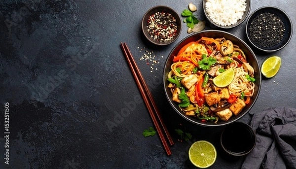 Fototapeta Overhead view showcases a vibrant stir-fry with tofu and vegetables in a dark bowl, complemented by chopsticks, sesame seeds, and lime wedges on dark backdrop.