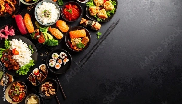 Fototapeta An overhead shot showcases a variety of Asian dishes including sushi, rice, and other traditional meals artfully arranged against a dark, textured backdrop.