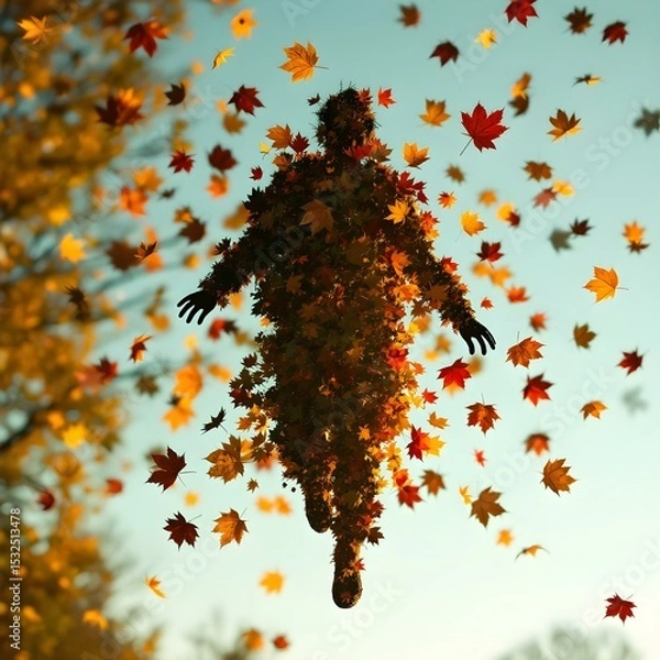 Obraz Ephemeral Embrace: A surreal figure, artfully composed of autumn leaves, floats freely against a sunlit sky, as if merging with the very essence of the season. 