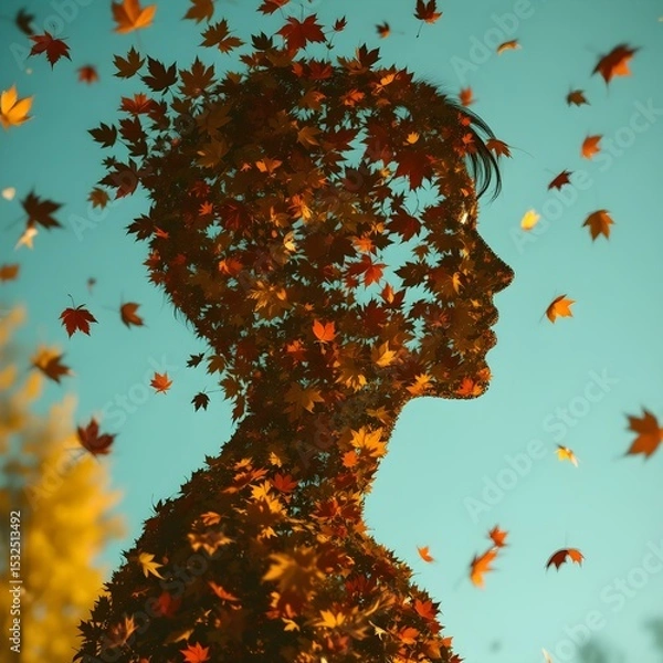Obraz Autumnal Contemplation: A silhouette of a person, formed by falling autumn leaves against a backdrop of a cerulean sky, evokes introspection and the ephemeral nature of life.