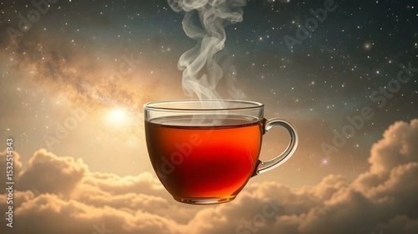 Obraz Celestial Tea: A steaming cup of tea, floating amidst the dreamlike clouds, the image blends the warmth of the beverage with the infinite wonder of the cosmos.