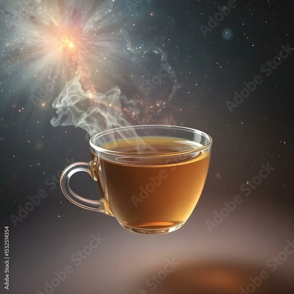 Obraz Celestial Brew: A steaming cup of aromatic tea levitates against a mesmerizing backdrop of cosmic nebulae, blending earthly comfort with celestial wonder.
