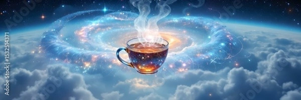 Obraz Cosmic Tea Ritual: A surreal scene features a steaming cup of tea levitating amidst swirling galaxies and ethereal clouds, inviting contemplation and serenity.
