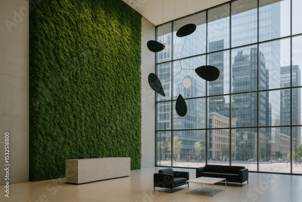 Fototapeta Spacious Minimalist Lobby With Green Wall Modern Seating And Floor To Ceiling Glass Windows