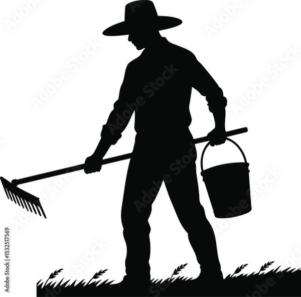 Obraz Silhouette of a Farmer Working with a Rake and Bucket, Transparent Background.