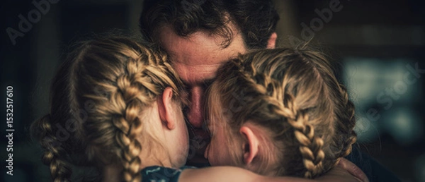 Fototapeta A father embracing his two daughters with blonde braided hair in a close affectionate hug indoors