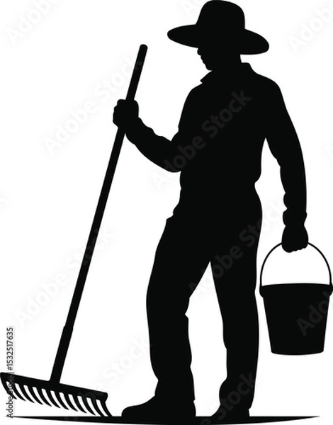 Obraz Silhouette of a Farmer Holding a Rake and Bucket, Transparent Background.