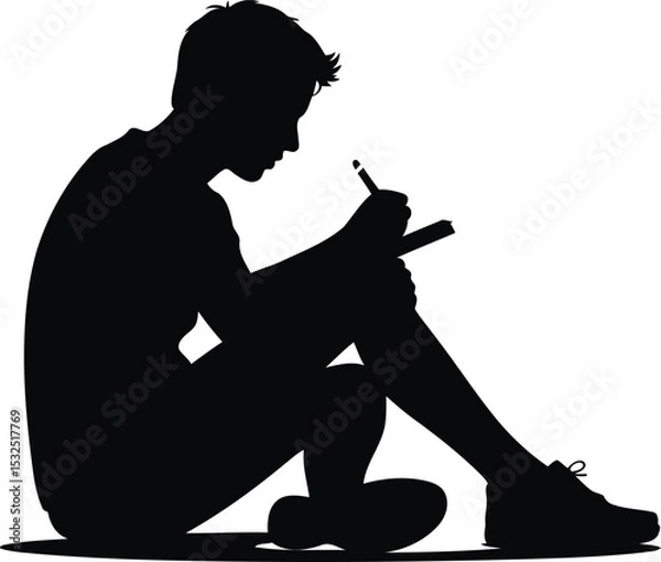 Obraz Silhouette of a Person Writing or Sketching While Sitting, Transparent Background.
