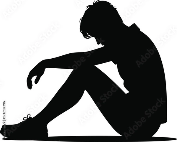 Obraz Silhouette of a Person Sitting with Head Bowed, Transparent Background.