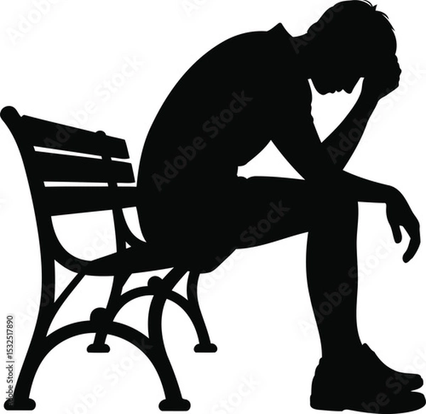 Obraz Silhouette of a Person Sitting on a Bench with Head Down in Thought, Transparent Background.