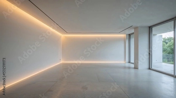 Obraz Minimalist Interior Room White Walls Concrete Floor Recessed Lighting Large Windows image