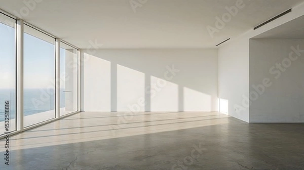 Obraz Minimalist Room Ocean View Sunlight Concrete Floor White Walls Large Windows image