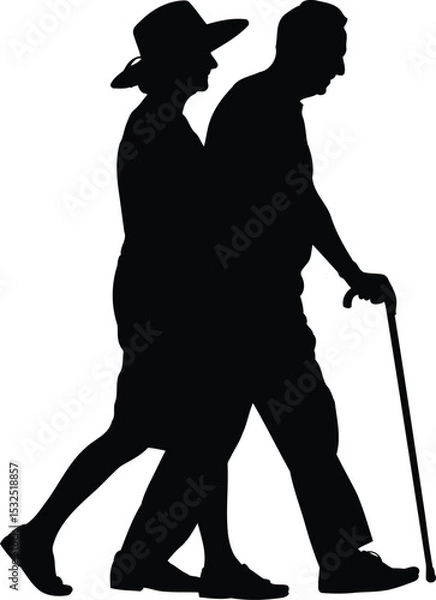 Obraz Silhouette of an Elderly Couple Walking Together, Transparent Background.