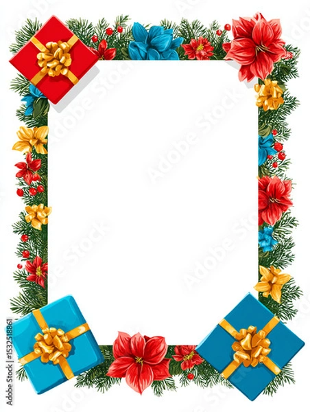 Fototapeta Festive frame with gifts flowers and greenery surrounding a blank white space for text or images